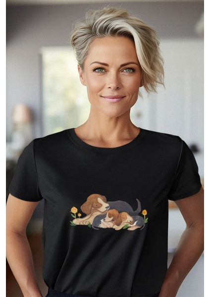 Patili Yavruların Neşesi-Köpek-Baskılı Siyah Unisex T-Shirt