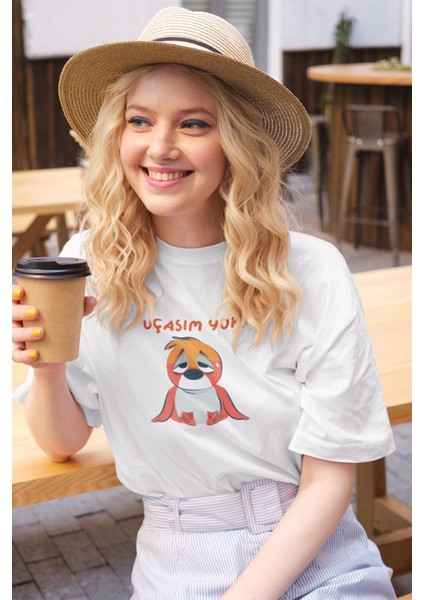 Uçasım Yok-Kuş Baskılı Eğlenceli Komik Hediyelik Beyaz Unisex T-Shirt