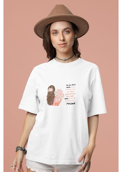 Bekle. Senin Olan Sana Gelecektir. Mevlana Sözü Baskılı Beyaz Motivasyon Kadın T-Shirt
