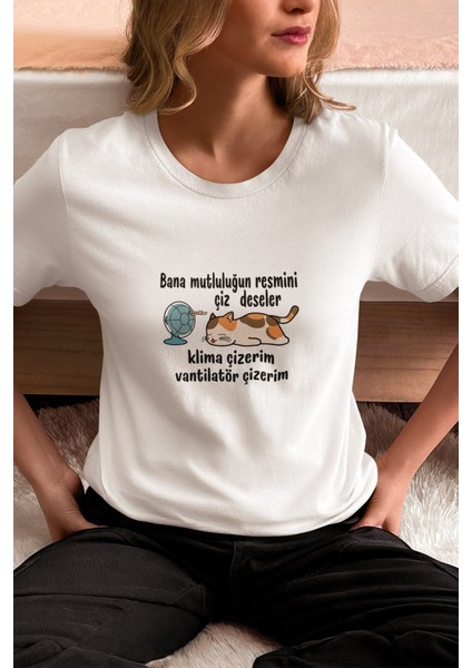 Mutluluğun Resmi-Kedi Baskılı Eğlenceli Komik Hediyelik Beyaz Kadın T-Shirt