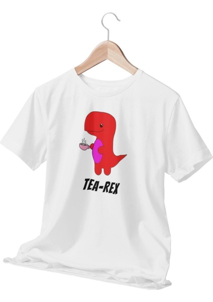 Tea Rex Baskılı Eğlenceli Hediyelik Beyaz Unisex T-Shirt