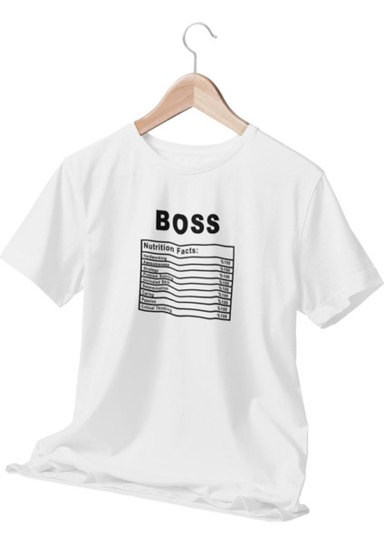 Patron Doğum Günü Hediye Boss Nutrition Facts Baskılı Beyaz Unisex T-Shirt