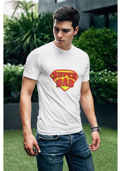 Super Dad Baskılı Babalar Günü Eğlenceli Hediyelik Beyaz Unisex T-Shirt