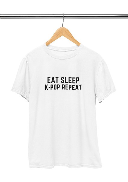 Eat Sleep K-Pop Repeat Baskılı Eğlenceli Hediyelik Beyaz Unisex T-Shirt