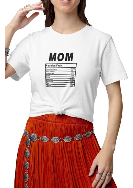 Mom Nutrition Facts Baskılı Anneler Günü Eğlenceli Hediyelik Beyaz Unisex T-Shirt