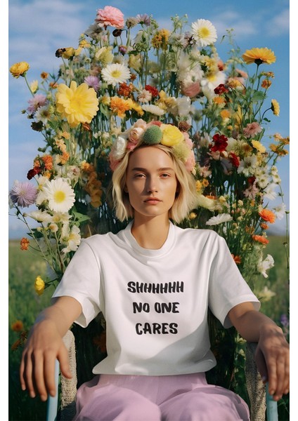 Sarkastik No One Cares Baskılı Eğlenceli Hediyelik Beyaz Unisex T-Shirt