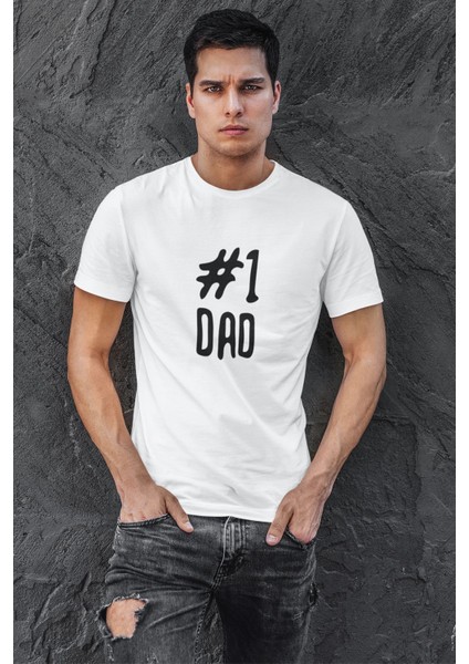 Number One Dad Baskılı Babalar Günü Doğum Günü Eğlenceli Hediyelik Beyaz Unisex T-Shirt