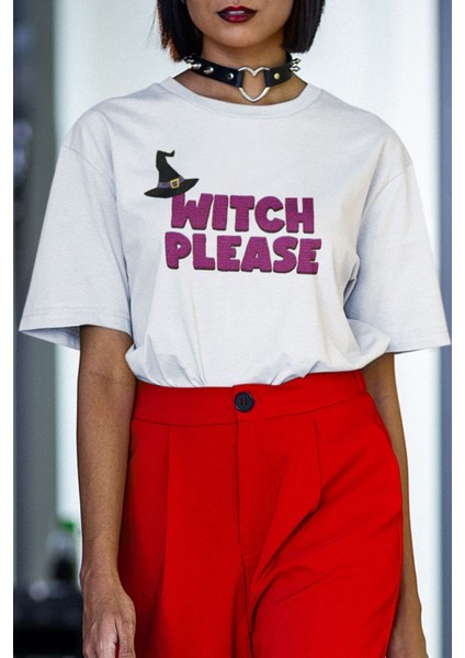 Witch Please Baskılı Cadılar Günü Eğlenceli Hediyelik Beyaz Unisex T-Shirt