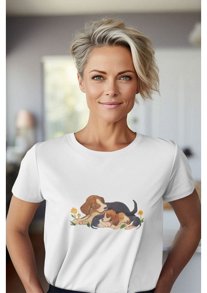 Patili Yavruların Neşesi-Köpek-Baskılı Beyaz Unisex T-Shirt