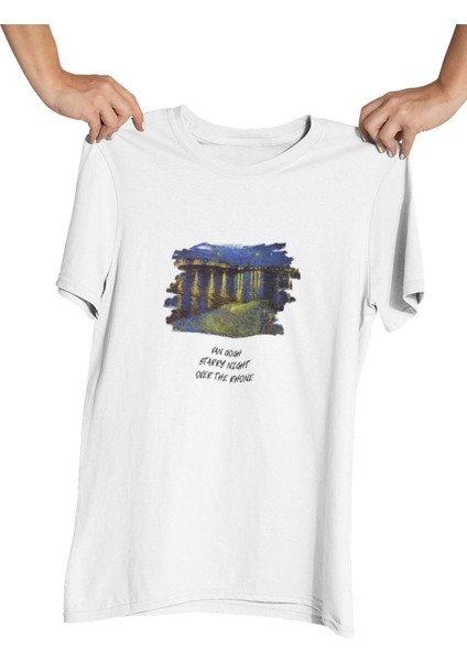 Van Gogh Starry Night Over The Rhone Baskılı Hediyelik Beyaz Unisex T-Shirt
