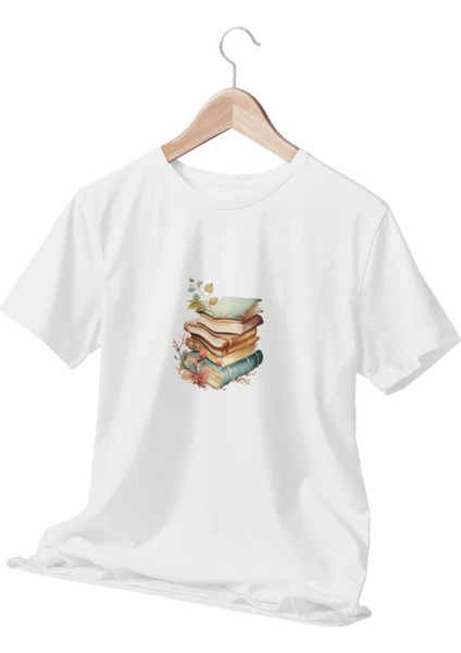 Renkli Kitaplar Baskılı Beyaz Unisex T-Shirt