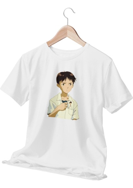Shinji Anime Baskılı Sevgili, Arkadaş, Doğum Günü Hediyelik Beyaz Unisex T-Shirt