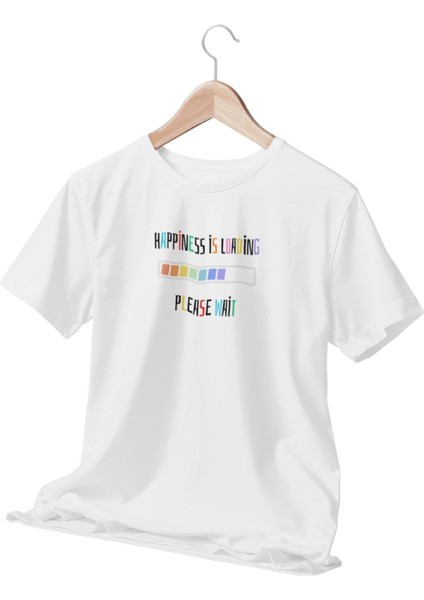 Happiness Is Loading Temalı Beyaz T-Shirt