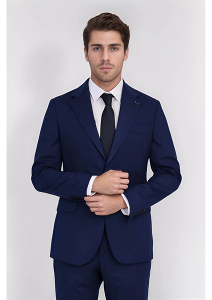 /yünlü Mono Yaka Slim Takım Elbise Navy