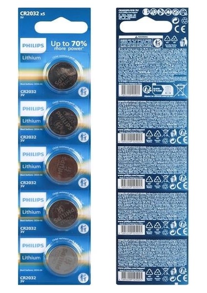 Philips CR2032 3V Lityum Mini Düğme Para Pil (Blister 5'lı Paket)