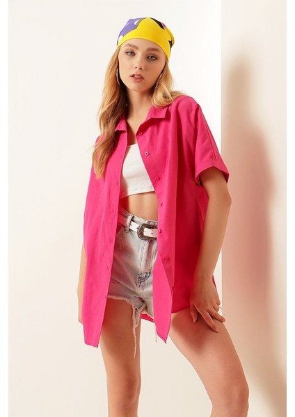 Munn Collection 20120 Oversize Kısa Kollu Gömlek - Fuşya