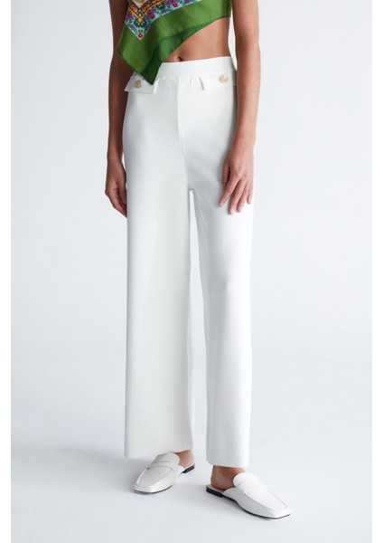 Styleboom x Peraluna Marlene Trouser Düğme Detaylı Rahat Kesim Kadın Triko Pantolon - Ekru