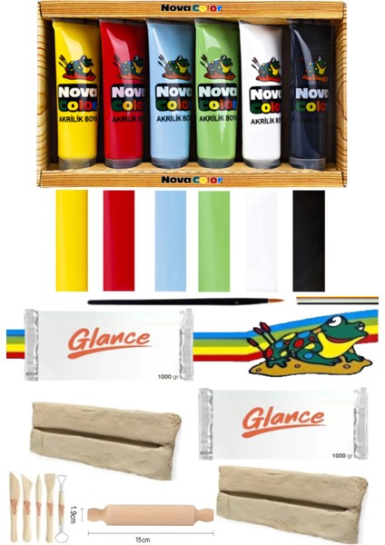 Nova Color Akrilik Boya 6*75 ml Doğal Seramik Hamuru 1000GRX2 gr Merdane Set