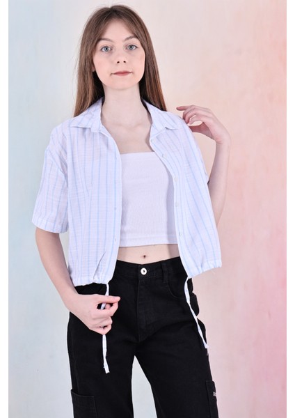 Kız Çocuk Bel Büzgü Detaylı Crop Gömlek 6-14 Yaş 12253