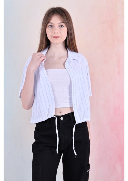 Kız Çocuk Bel Büzgü Detaylı Crop Gömlek 6-14 Yaş 12253