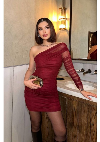 Tek Omuz Tül Elbise