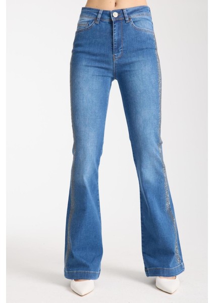 Ispanyol Paça Yanı Taş Şeritli Kot Pantolon A.mavi 4000 modelleri