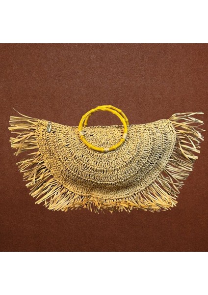 7638 El Örgüsü Rafya Ip Ahşap Saplı ve Püsküllü Kahverengi Clutch El Çantası