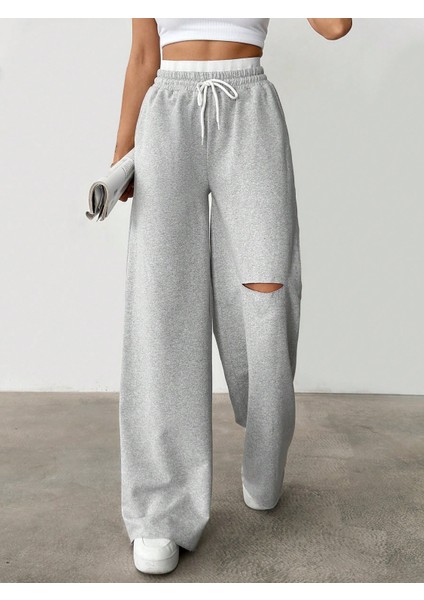 Unısex Iki Iplik Beli Lastikli Yırtık Paça Oversize Bol Paça Lastikli Eşofman Altı