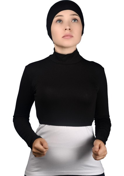 Uzun Kol Balıkçı Yaka Boğazlı Likralı Penye Kadın Yarım Body - Siyah
