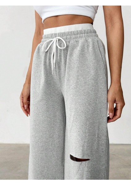 Unısex Iki Iplik Beli Lastikli Yırtık Paça Oversize Bol Paça Lastikli Eşofman Altı