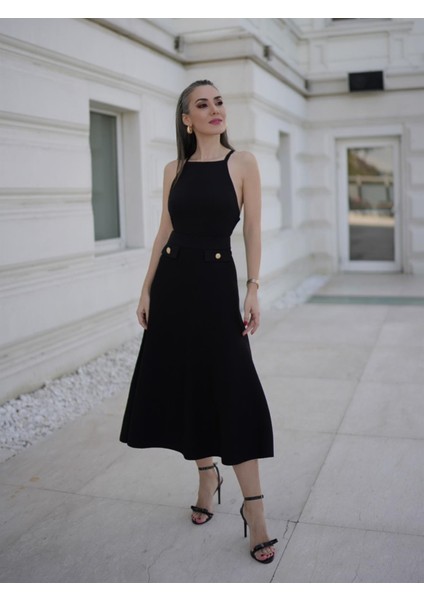 Styleboom x Peraluna Vıvıen Skırt Düğme Detaylı Diz Altı Kloş Kadın Triko Etek - Siyah