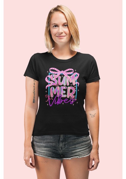Retro Summer Vibes Baskılı Yaz Temalı Unisex Regular Fit Pamuklu Siyah Tişört