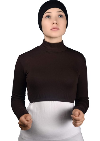Uzun Kol Balıkçı Yaka Boğazlı Likralı Penye Kadın Yarım Body - Koyu Kahverengi