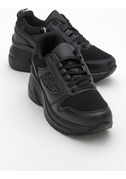 Kadın Anorak Yüksek Taban Simli Spor Ayakkab Siyah