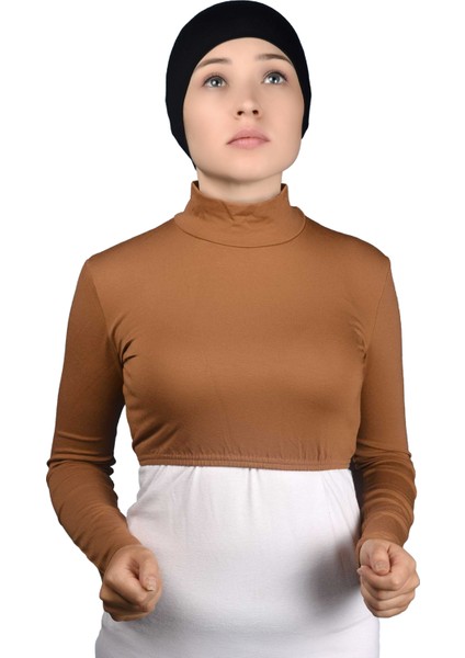 Uzun Kol Balıkçı Yaka Boğazlı Likralı Penye Kadın Yarım Body - Taba