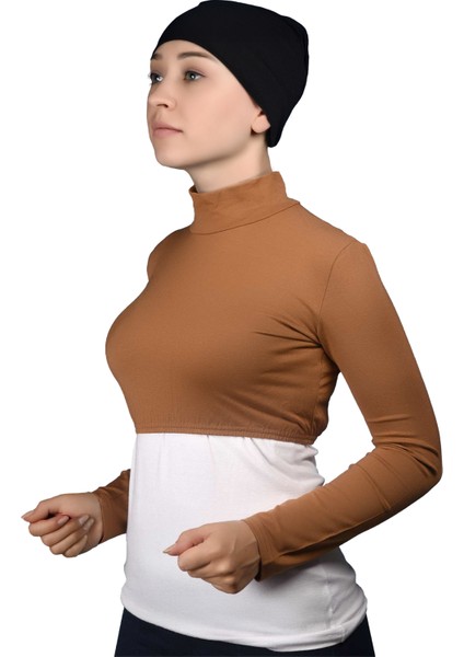 Uzun Kol Balıkçı Yaka Boğazlı Likralı Penye Kadın Yarım Body - Taba fiyatları