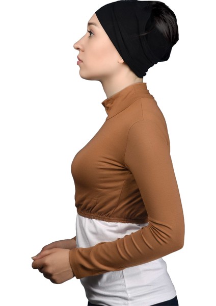 Uzun Kol Balıkçı Yaka Boğazlı Likralı Penye Kadın Yarım Body - Taba modelleri