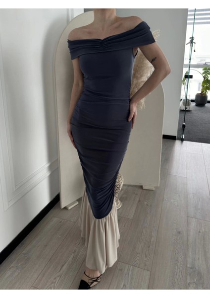 Munn Collection Striptiz Omuzlu Uzun Elbise- Füme fırsatları