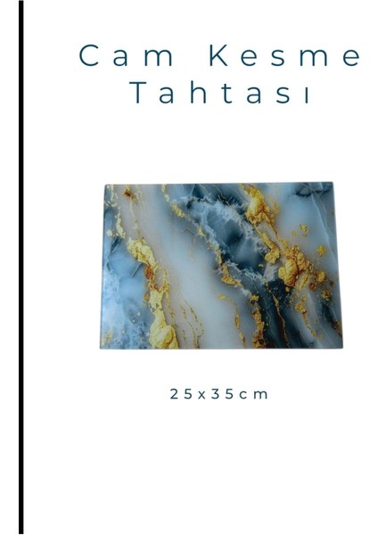 Cam Kesme Tahtası* Mutfak Tahtası Kare 25X35CM Mermer Mavi Altın Görünümlü