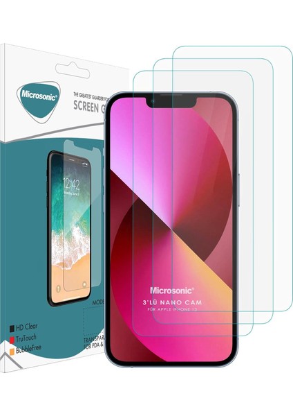 Apple iPhone 13 Screen Protector Nano Glass Cam Ekran Koruyucu (3'lü Paket) [iphone 13 ile Uyumlu Ekran Koruyucu - Şeffaf]