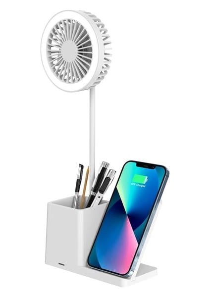 S-Link SL-M9055 10 Watt Kablosuz Şarj Istasyonlu Fanlı Kalemlikli Masa Lambası (Beyaz)