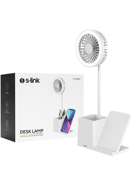 S-Link SL-M9055 10 Watt Kablosuz Şarj Istasyonlu Fanlı Kalemlikli Masa Lambası (Beyaz)