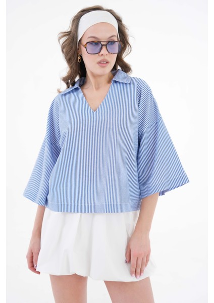 Mavi Çizgili V Yaka Basic Dokuma Bluz