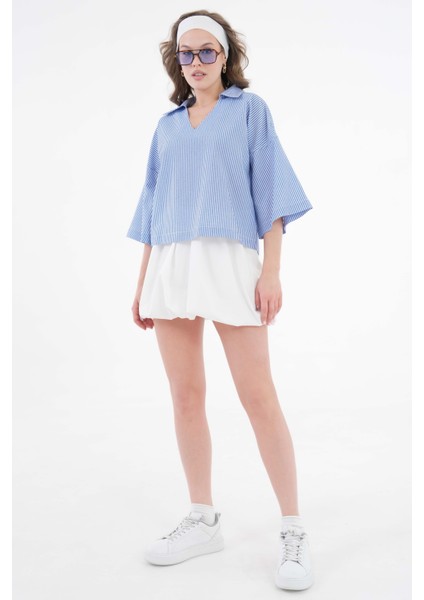 Mavi Çizgili V Yaka Basic Dokuma Bluz fiyatları