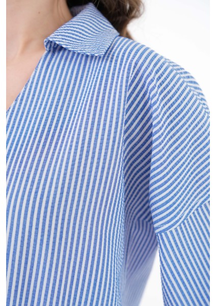 Mavi Çizgili V Yaka Basic Dokuma Bluz modelleri