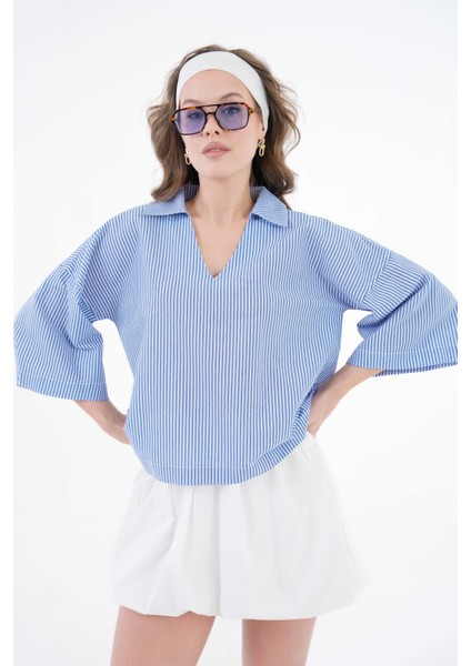 Mavi Çizgili V Yaka Basic Dokuma Bluz fırsatları