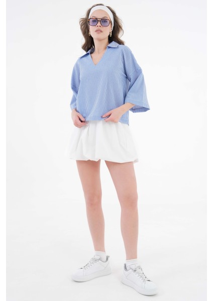 Mavi Çizgili V Yaka Basic Dokuma Bluz indirimleri