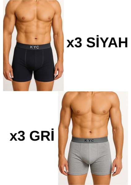 6 Adet Siyah-Gri Likralı Pamuklu Boxer