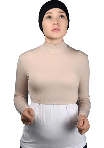 Uzun Kol Balıkçı Yaka Boğazlı Likralı Penye Kadın Yarım Body - Bej