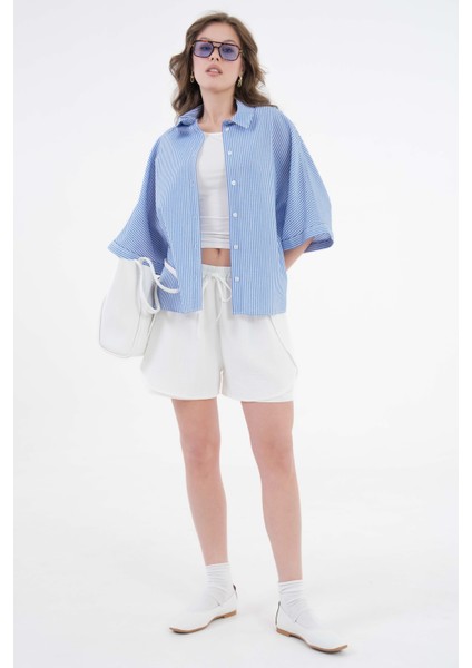 Mavi Çizgili Oversize Dokuma Basic Gömlek